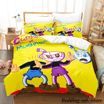 2023 Kawaii Cuphead Mugman Ágyneműgarnitúra Egyszemélyes Teljes Királynő King Size Bed Set Felnőtt Gyerek Hálószoba Duvetcover Beállítja Anime Játék Ágy