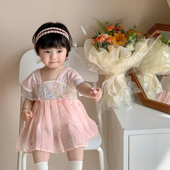2023 Nyári Csecsemő Lány Nemzeti Ruha Rövid Ujjú Mintás Hímzett Vékony Csomagolva Vestido Kisgyermek Lányok Kínai Ruházat