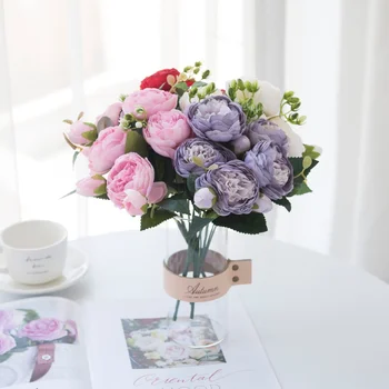 30cm Rose-Rózsaszín Selyem Bazsarózsa Mesterséges Virágok, Csokor, 5 Nagy Fej 4 Bud Olcsó Hamis Virág a Haza Esküvői Dekoráció, beltéri