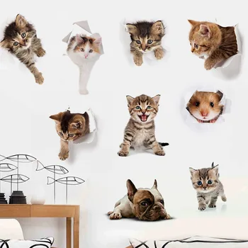 3D Macskák, Kutyák, Hörcsög, Fali Matrica, Fürdőszoba lakberendezés Gyerek Szoba Aranyos Állat Vinyl Matrica Művészet Plakát Lyuk Megtekintése Wc-Matricák