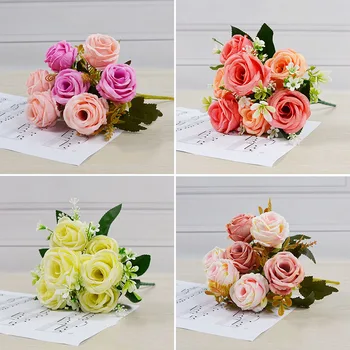 7 virág fejét többszínű rózsa, pünkösdi rózsa virág váza lakberendezési kiegészítők hamis daisy műanyag virág, esküvői dekoráció fak