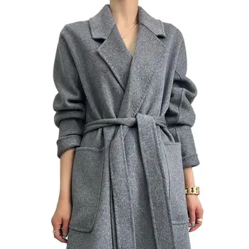 A nők Temperamentum 100% Ausztrál Gyapjú Kabát Lace-up Klasszikus Fürdőköpeny Design Őszi Téli Laza Gyönyörű Gyapjú Kabát