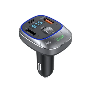Autós Töltő, Bluetooth 5.0 FM Transmitter PD 30W+QC3.0 Erőteljes Kettős Mikrofon, Bluetooth kihangosító, 7 Színű Háttérvilágítás