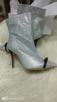 bling bling női téli menyasszony cipőjét Luxus, strasszos szexi boka csizma hegyes toe magas sarkú cipő pillangó-csomót szivattyúk