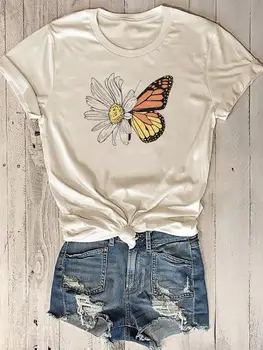 Divatos Női Nyári Rövid Ujjú Nyomtatás Tshirt Virág Rajzfilm Pillangó Grafikus T-shirt Póló Felső Tavaszi Nyomtatás Ruházat