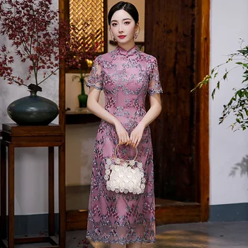 Elegáns, Vékony Csipke Qipao Nők Vintage Etnikai Stílus Cheongsam Hagyományos Rövid Ujjú Lány A Kínai Stílusban Ruha Szexi Vestidos