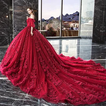 Esküvői Ruha Luxus Csipke Hímzés 2020 Új Mori Menyasszony Hepburn Piros Terhes Hosszú Vonat Szívem Elegáns Plus size