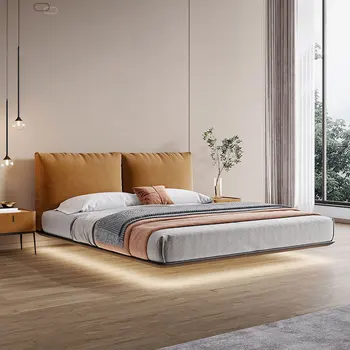 Felfüggesztett szövet ágy, hálószoba modern minimalista bársonnyal kárpitozott ágy, tömör fa minimalista, kétszemélyes ágy narancs bútorok
