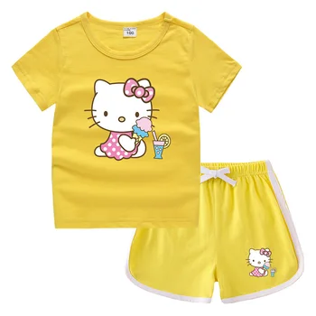 Hello Kitty Gyermek Alkalmi Egyszerű, Kerek Nyakú póló + Meleg Nadrág Fiúk, Lányok Tiszta Pamut Verejték Nedvszívó Mélypont Ing Szett