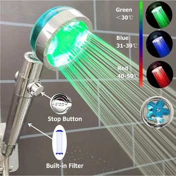LED Hőmérséklet-Érzékelő zuhanyfej A Stop Gombot 3/7 Színek Változások Turbo Propeller Magas Nyomás Negatív Ion Szűrő Zuhany