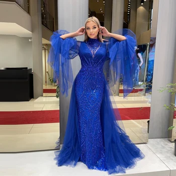 Luxus Kék Csipke, Flitter Sellő Estélyi Ruhák Rögzíthető Csatlakozó Overskirt Magas Nyakú Sequin Dubai A Nők Hivatalos Báli Ruhák