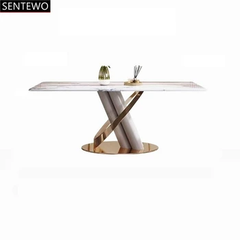 Luxus Rock Lemez étkező asztal beállítása 8 székek, Fém, Titán-zománc arany alap Mű Márvány asztalon a vacsora szék meghatározott muebles de la sala