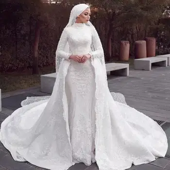 Magas Nyakú, Hosszú Ujjú Köpeny Muszlim Esküvői Ruha Csipke Hidzsáb Esküvői Ruha, Levehető Vonat 2024