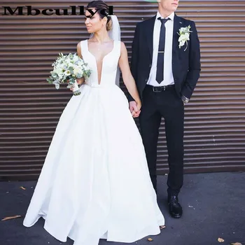 Mbcullyd Egy Sort koreai Esküvői Ruha, Női Hosszú Söprés Vonat 2023 Fehér Szatén V-Nyak vestido casamento praia Menyasszonyi Ruhák