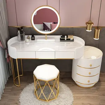 Mordern Fehér Arany Hiúság Asztal fésülködő Asztal Tükörrel Smink Asztal LED Világítás 6 Fiókos Hálószoba Otthon Bútor