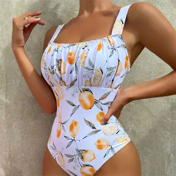 Női Fürdőruha 2023 Új Narancs Nyomtatás Pleate egyrészes Fürdőruha Strand Ruhák Szexi, Karcsú Ruched Has Ellenőrzési Bikini, Monokini