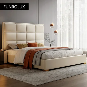 Olasz Bőr Ágy Fény Luxus Modern Franciaágy Hálószoba Friss Queen-Size Ággyal 1,8 M-Es Villa Kiváló Minőségű Bőr Ágy