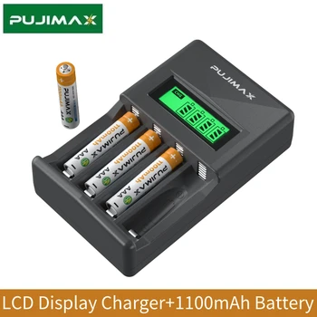 PUJIMAX 4-Slot LCD Kijelző, Intelligens Akkumulátor Töltő Ni-MH/Ni-Cd Akkumulátor +4 Db 1,2 V AAA 1100mAh Akkumulátor Készlet Biztonságos
