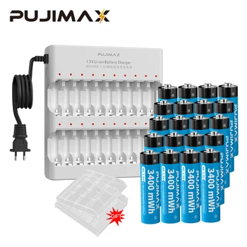 PUJIMAX AA 1,5 V-os Újratölthető Li-ion Akkumulátor 20db 3400mWh Nagy Kapacitású Akkumulátor, 20 Slot MINKET EU Plug Intelligens Akkumulátor Töltő