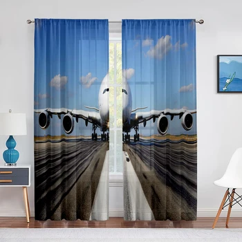 Repülőgép Repülési Futópálya Kék Ég, a Felhők, Tüll Függöny Nappali Hálószoba Dekoráció Puszta Voile Függöny Ablak Kezelések