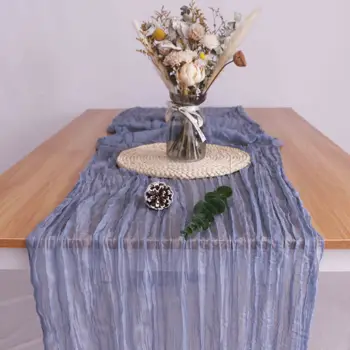 RU110 Esküvői 60*400cm poros kék fodros cheesecloth géz asztali futó