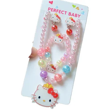 Sanrio Hello Kitty 2021 új gyermekek karkötő, nyaklánc, gyűrű, fülbevaló szett klip meghatározott rajzfilm gyerekeknek születésnapi ajándék