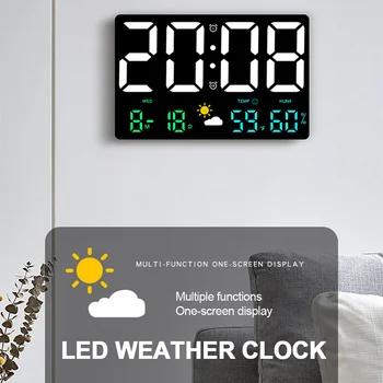 Téglalap Nagy LED Digitális falióra Hőmérséklet Páratartalom Dátum Hét Kijelző Állítható Fényerő Nappali Riasztások Órák