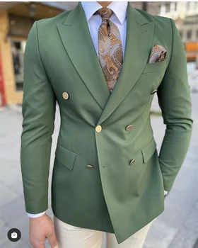Vadász Zöld Férfi Öltönyök Külön Tetőzött Hajtóka Dupla Soros Blézer Kabát, Szmoking Vőlegény Esküvői Öltöny Csak Egy Kabát