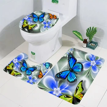 Virág, Pillangó 3D-s Wc-Mat 3 Gyönyörű Pillangó Kék Padló Szőnyeg, Konyha Lábtörlő Fürdőszoba Csúszásmentes Szőnyeg, Wc Szőnyeg