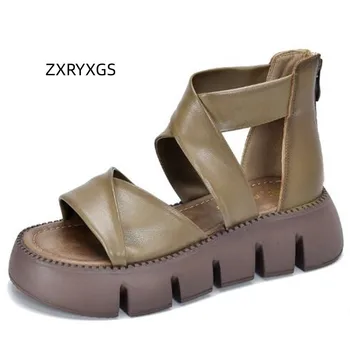 ZXRYXGS 2023 Prémium Valódi Bőrből készült, Retro Divat, Szandál Platform Növeli Cipő, Nyári Csizma Római Szandál Női Szandál Cipő