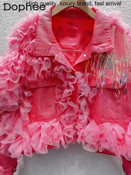 Új 2023 Tavaszán Édes Rózsaszín Kabát Női Kabátok Nehézipar Rakott Háló Flitterekkel Laza Szabású, Rövid Farmer Dzseki Casaco Feminino