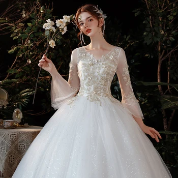 Új Menyasszony, Esküvői Ruha, Hosszú Ujjú Princesd Hímzéssel, 3D virágok V-nyak Ball Ruha vestido De Noiva koreai Menyasszony Ruha